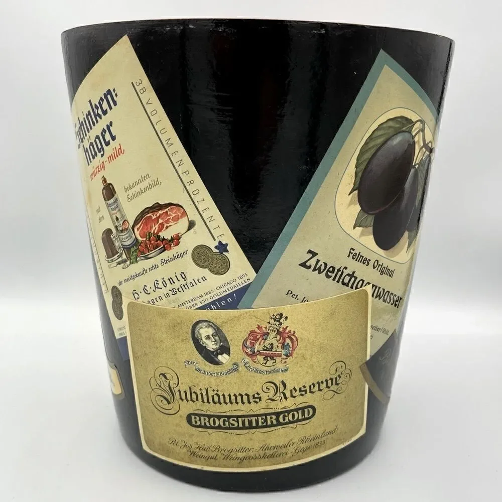MidCentury W German Alcohol Label Decoupage Enameled Champagne Bucket & Coasters